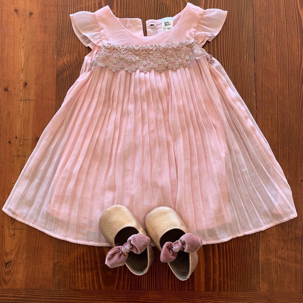 Baby BGosh peach/rose gold dress with matching rose gold shoes perfect 4 Easter